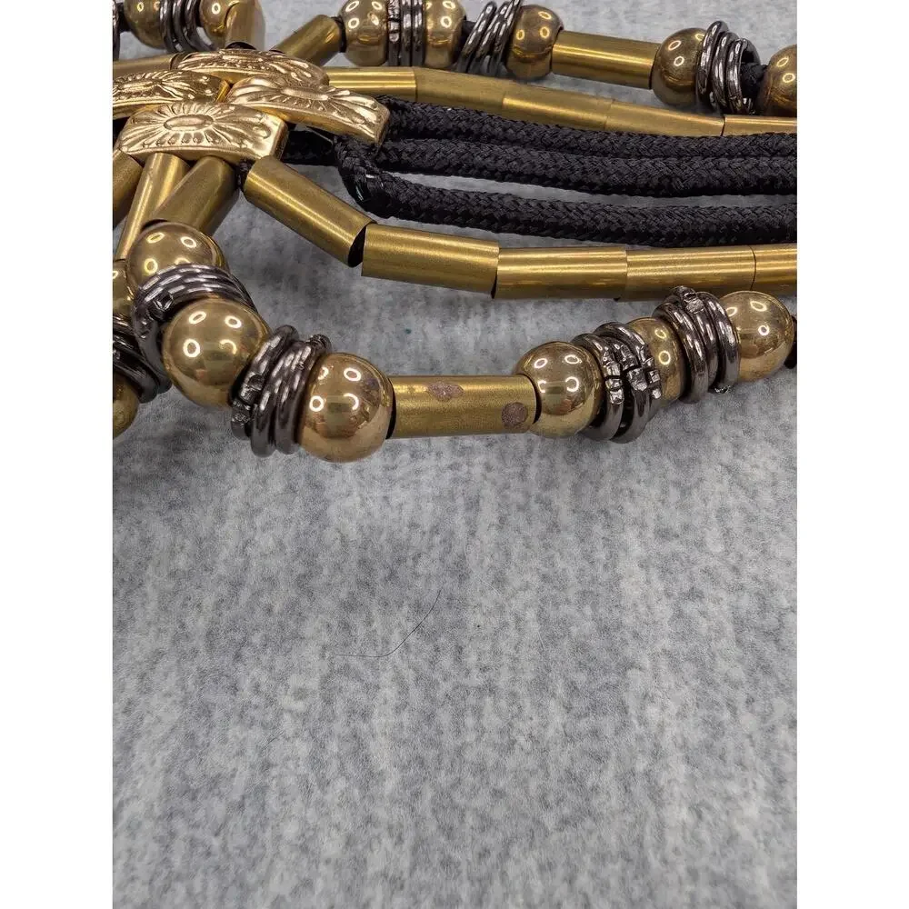 Vintage Belt Black Cord Beaded Geometric Art Deco Gold Silver Tone Western Boho